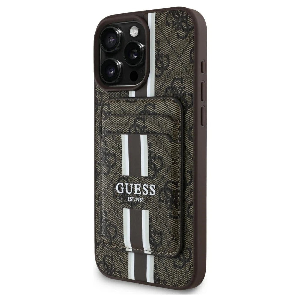 Guess tok 4G Stripes pénztárcás Magsafe, iPhone 16 Pro Max készülékhez, barna - iPhone 16 Pro Max tok a Domshop kínálatából