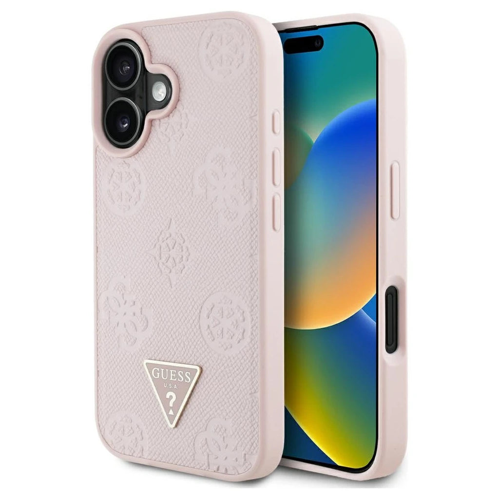 Guess tok Grained Hot Stamp Peony Triangle Logo MagSafe iPhone 16 készülékhez rózsaszín - iPhone 16 tok a Domshop kínálatából