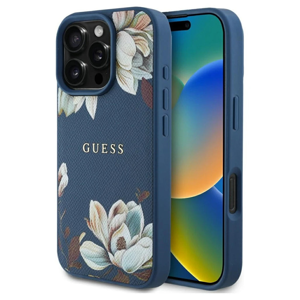 Guess tok Grained Printed Flower Pattern MagSafe iPhone 16 Pro készülékhez kék - iPhone 16 Pro tok a Domshop kínálatából