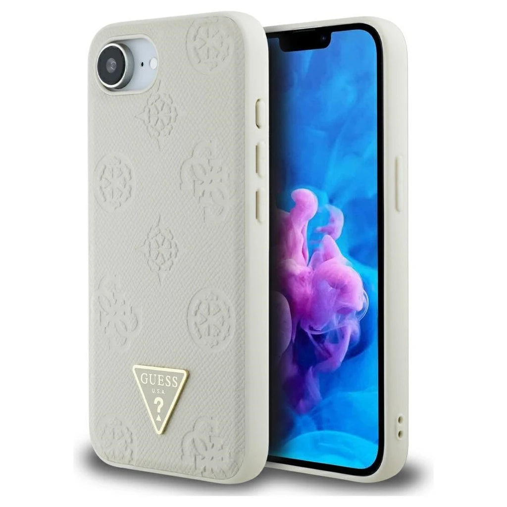 Guess tok texturált Hot Stamp Peony Triangle Logo MagSafe for iPhone 16e készülékhez bézs - iPhone 16e tok a Domshop kínálatából