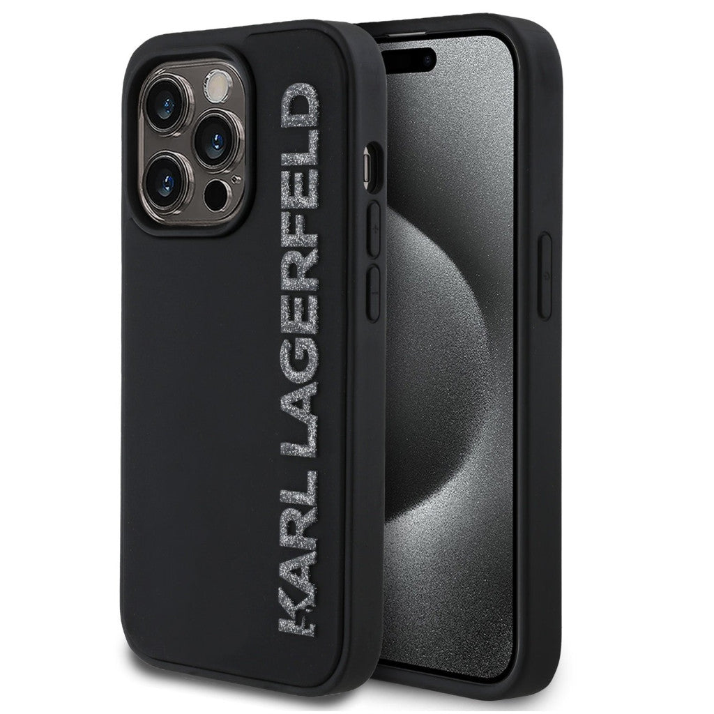 Karl Lagerfeld 3D Rubber Glitter Logo iPhone 16 Pro csillámos hátlap tok, fekete - iPhone 16 Pro tok a Domshop kínálatából