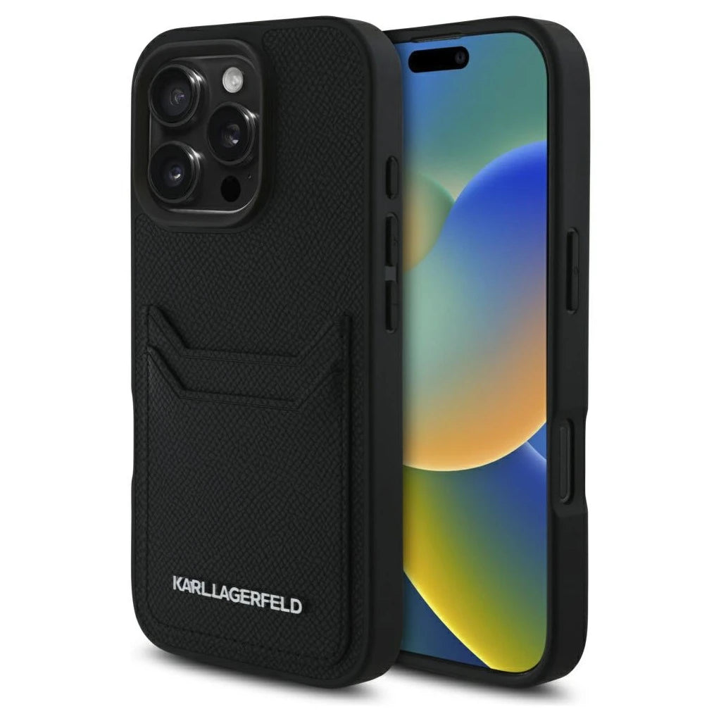 Karl Lagerfeld HC Grained PU Cardslot Metal Elong tok iPhone 16 Pro Max készülékhez fekete - iPhone 16 Pro Max tok a Domshop kínálatából