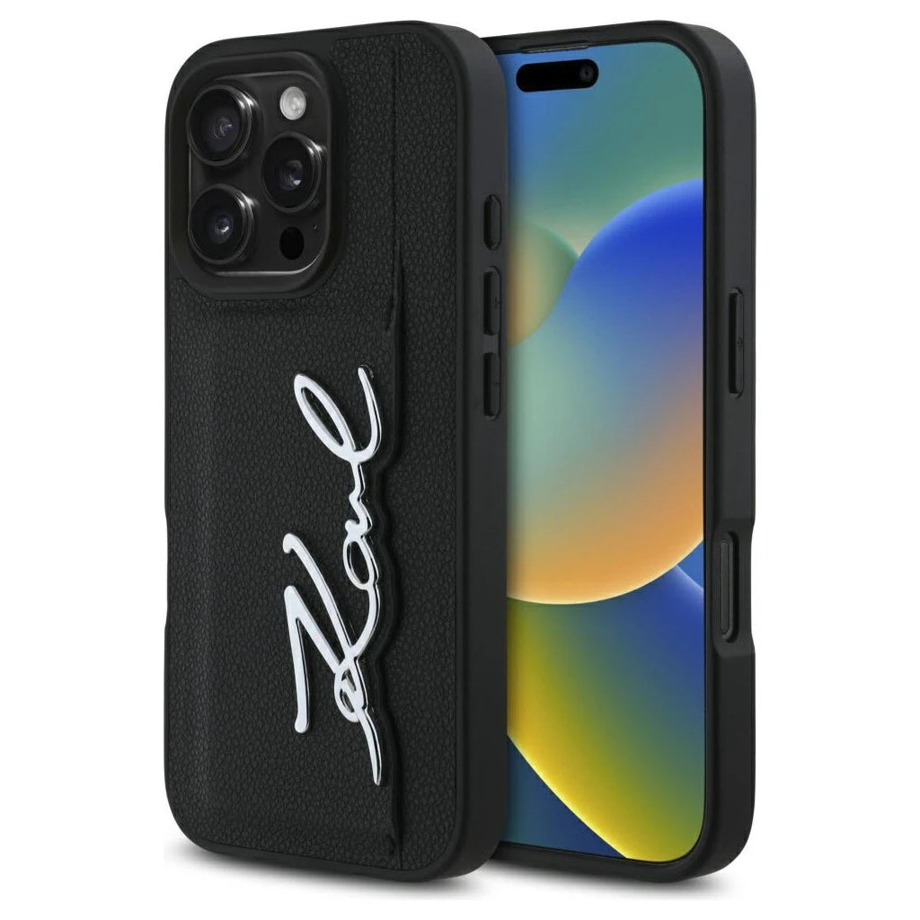 Karl Lagerfeld HC Grained PU Cardslot Metal Signature tok iPhone 16 Pro készülékhez fekete - iPhone 16 Pro tok a Domshop kínálatából