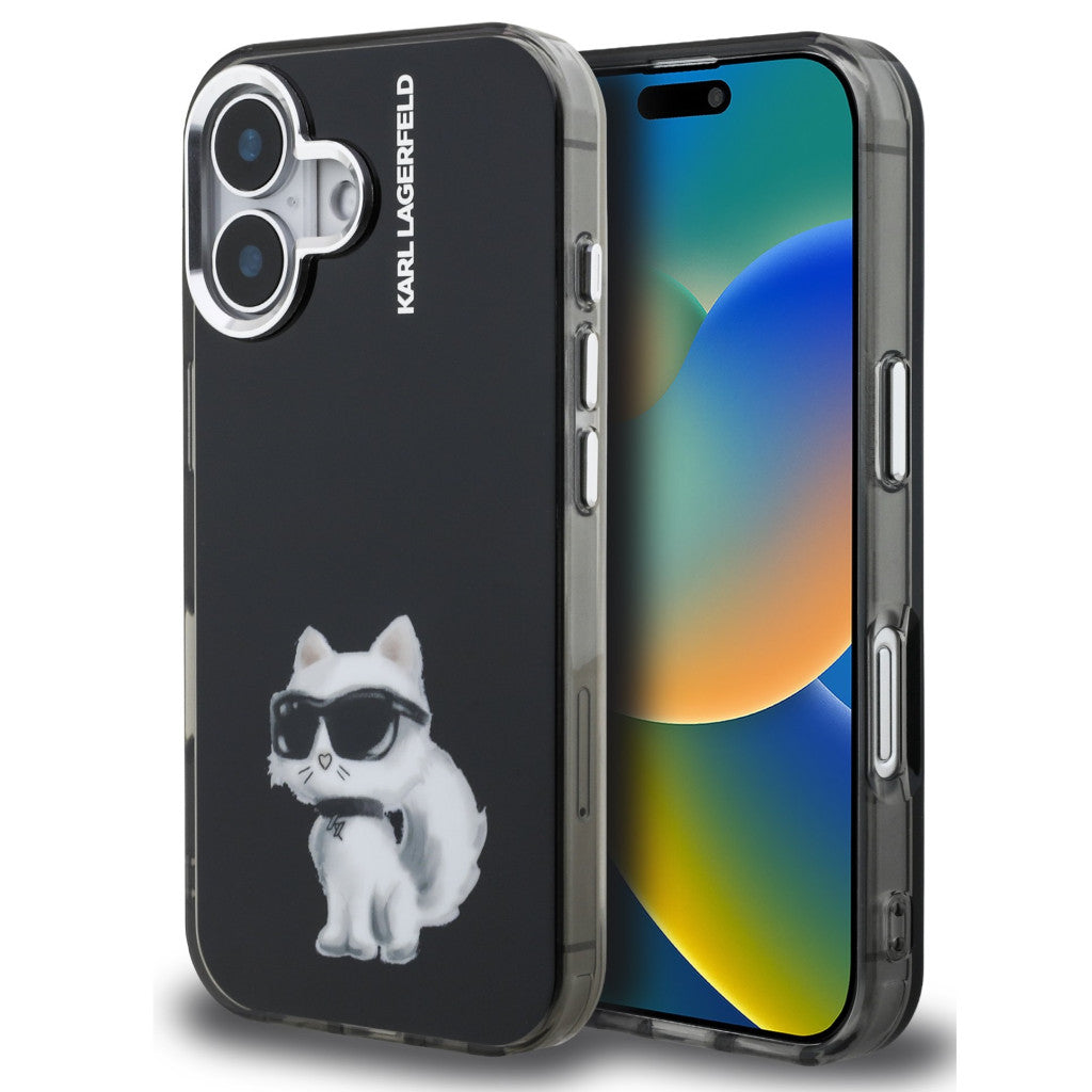 Karl Lagerfeld IML Aquarelle Choupette iPhone 16 hátlap tok, fekete - iPhone 16 tok a Domshop kínálatából
