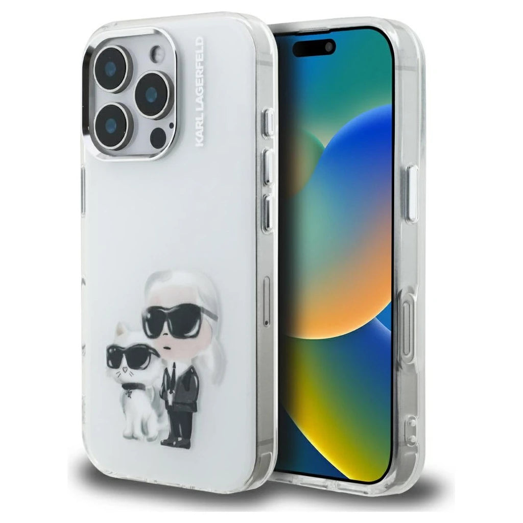 Karl Lagerfeld IML Aquarelle Karl & Choupette & Logo tok iPhone 16 Pro Max készülékhez fehér - iPhone 16 Pro Max tok a Domshop kínálatából