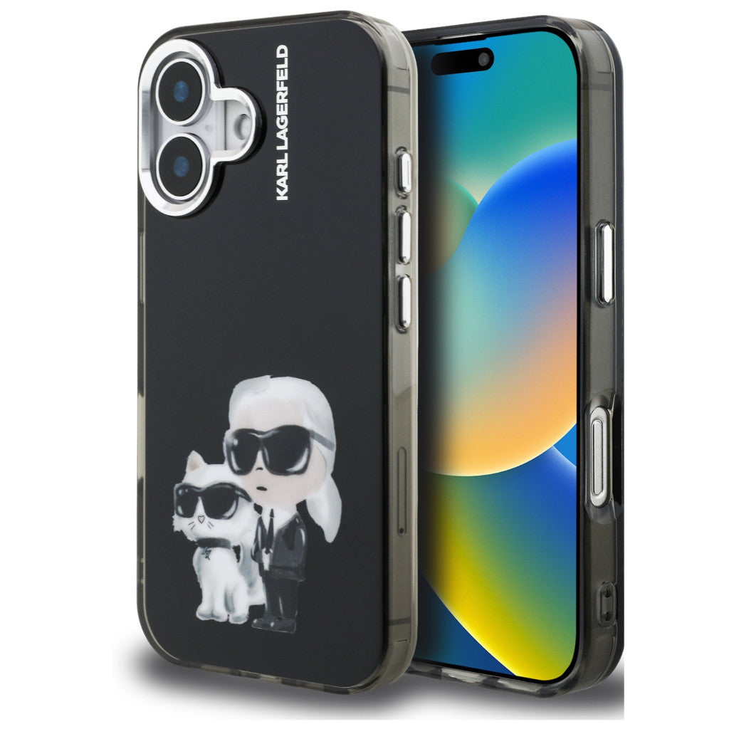 Karl Lagerfeld IML Aquarelle Karl and Choupette iPhone 16 hátlap tok, fekete - iPhone 16 tok a Domshop kínálatából