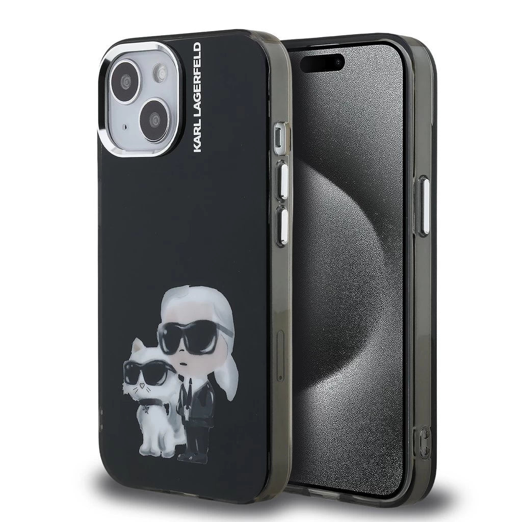 Karl Lagerfeld IML Aquarelle Karl and Choupette tok iPhone 15 készülékhez fekete - iPhone 15 tok a Domshop kínálatából