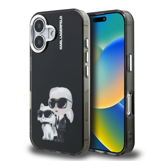 Karl Lagerfeld IML Aquarelle Karl and Choupette tok iPhone 16 készülékhez fekete - iPhone 16 tok a Domshop kínálatából