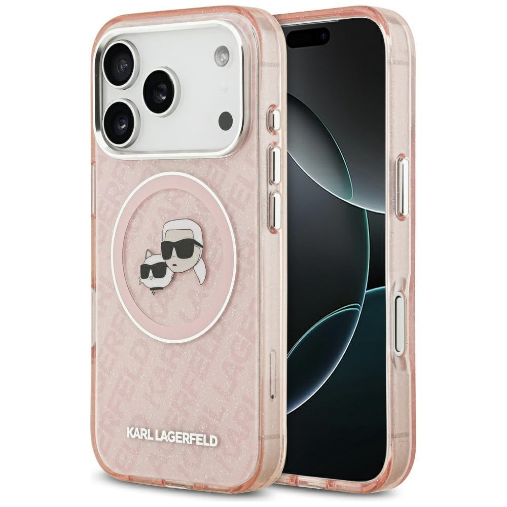 Karl Lagerfeld IML Glitter Karl & Choupette Heads Logo Apple iPhone 17 Pro MagSafe kompatibilis hátlap tok, csillámos, rózsaszín - iPhone 17 Pro tok a Domshop kínálatából