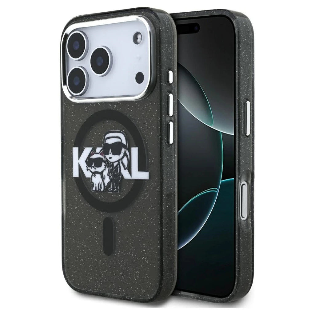 Karl Lagerfeld IML Glitter Karl & Choupette Sketch Logo MagSafe tok iPhone 17 Pro készülékhez fekete - iPhone 17 Pro tok a Domshop kínálatából