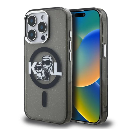 Karl Lagerfeld IML Glitter Karl and Choupette Sketch MagSafe tok iPhone 15 Pro Max készülékhez fekete - iPhone 15 Pro Max tok a Domshop kínálatából