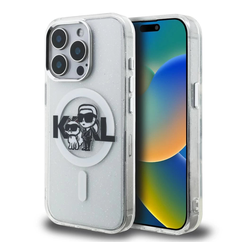 Karl Lagerfeld IML Glitter Karl and Choupette Sketch MagSafe tok iPhone 15 Pro készülékhez átlátszó - iPhone 15 Pro tok a Domshop kínálatából