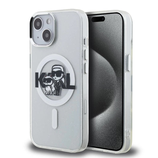Karl Lagerfeld IML Glitter Karl and Choupette Sketch MagSafe tok iPhone 15 készülékhez átlátszó - iPhone 15 tok a Domshop kínálatából
