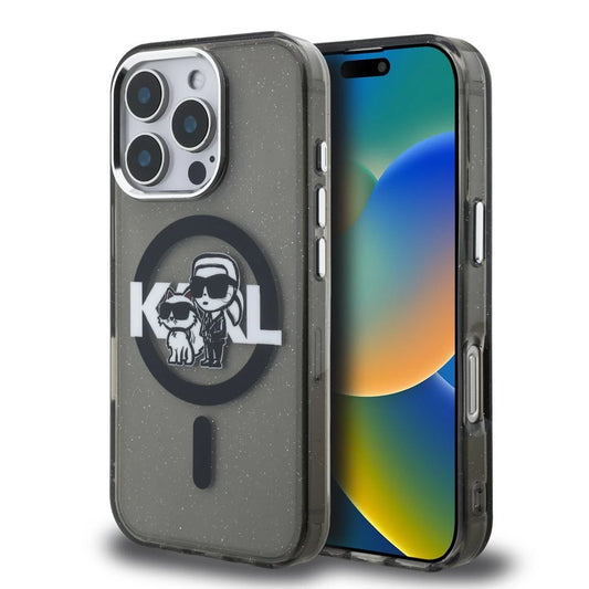 Karl Lagerfeld IML Glitter Karl and Choupette Sketch MagSafe tok iPhone 16 Pro Max készülékhez fekete - iPhone 16 Pro Max tok a Domshop kínálatából