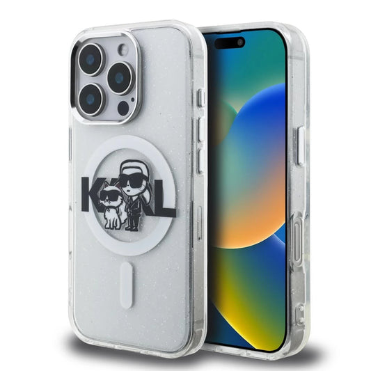 Karl Lagerfeld IML Glitter Karl and Choupette Sketch MagSafe tok iPhone 16 Pro készülékhez átlátszó - iPhone 16 Pro tok a Domshop kínálatából