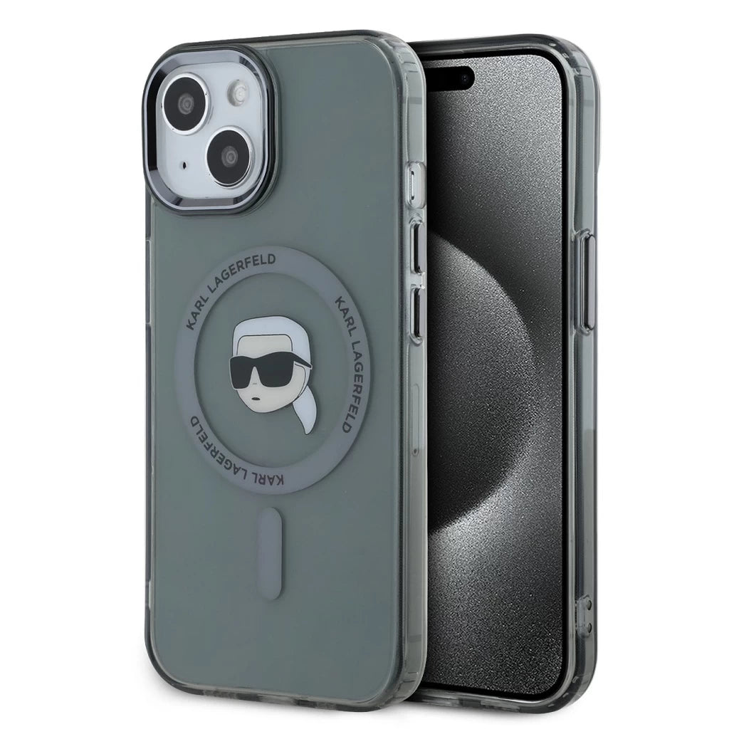 Karl Lagerfeld IML Karl Head Metal Frame MagSafe tok iPhone 15 készülékhez fekete - iPhone 15 tok a Domshop kínálatából