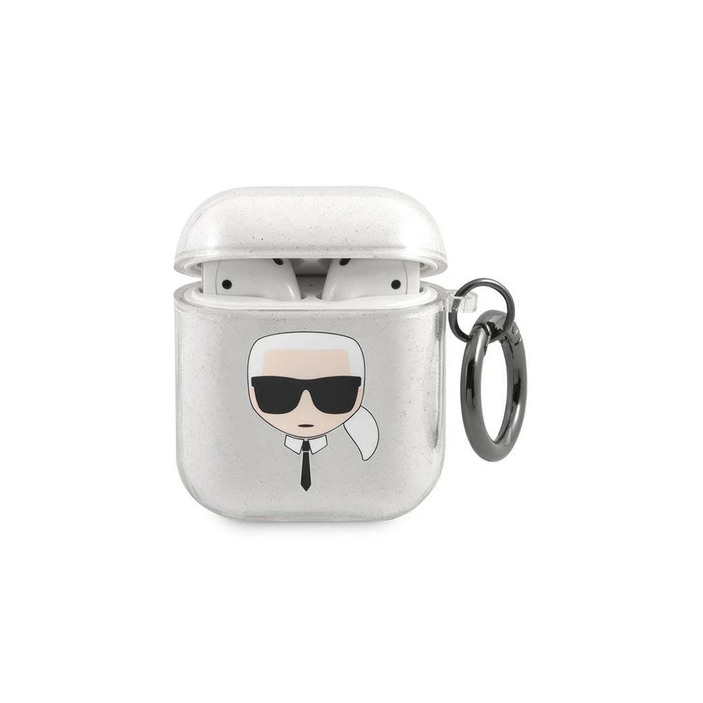 Karl Lagerfeld KLA2UKHGS AirPods készülékhez tok Glitter Karl`s Head ezüst - AirPods 1/2 tok a Domshop kínálatából
