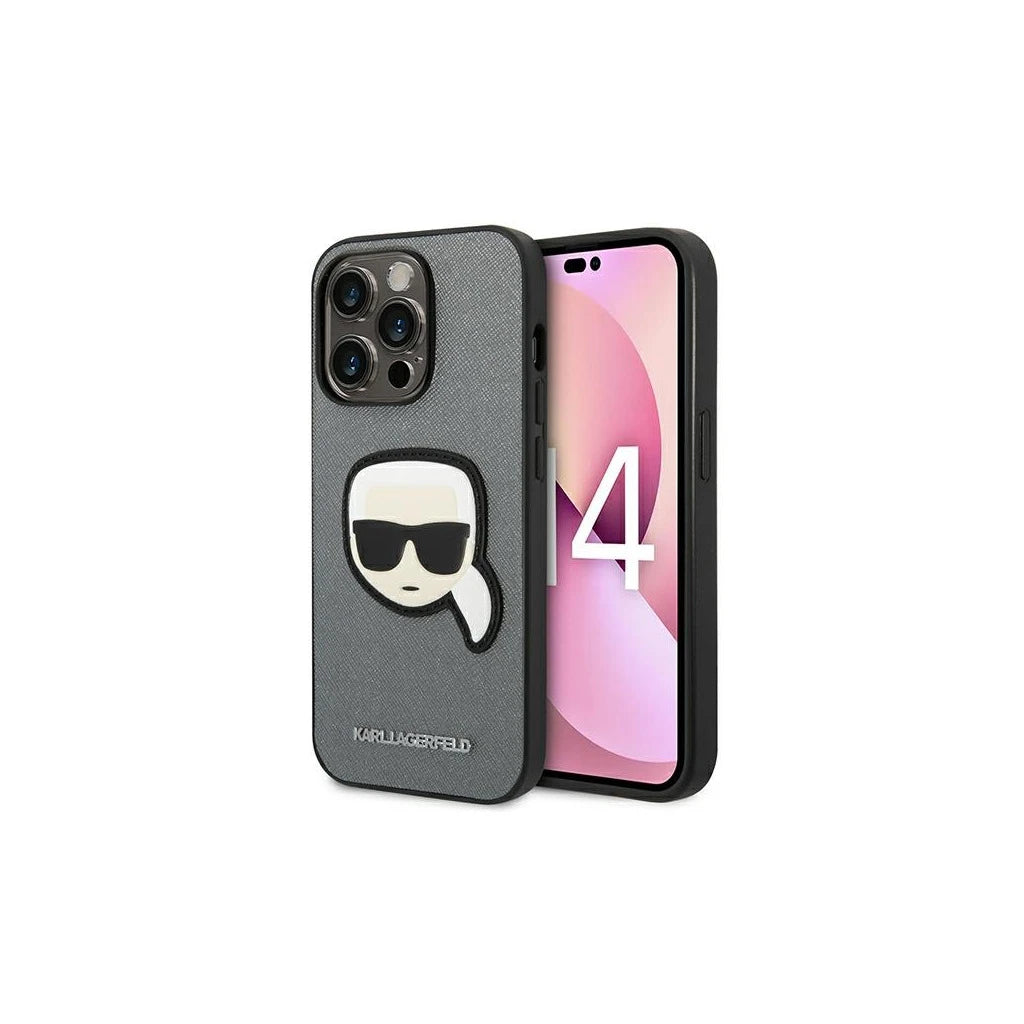 Karl Lagerfeld KLHCP14LSAPKHG iPhone 14 Pro 6,1 készülékhez kemény tok Saffiano Karl`s Head Patch ezüst - iPhone 14 Pro tok a Domshop kínálatából