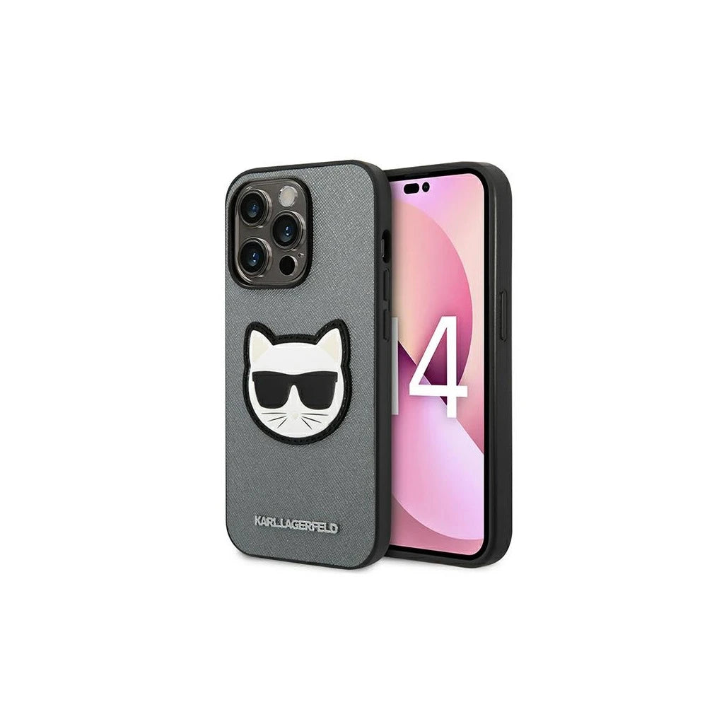 Karl Lagerfeld KLHCP14XSAPCHG iPhone 14 Pro Max 6,7 készülékhez kemény tok Saffiano Choupette Head ezüst - iPhone 14 Pro Max tok a Domshop kínálatából