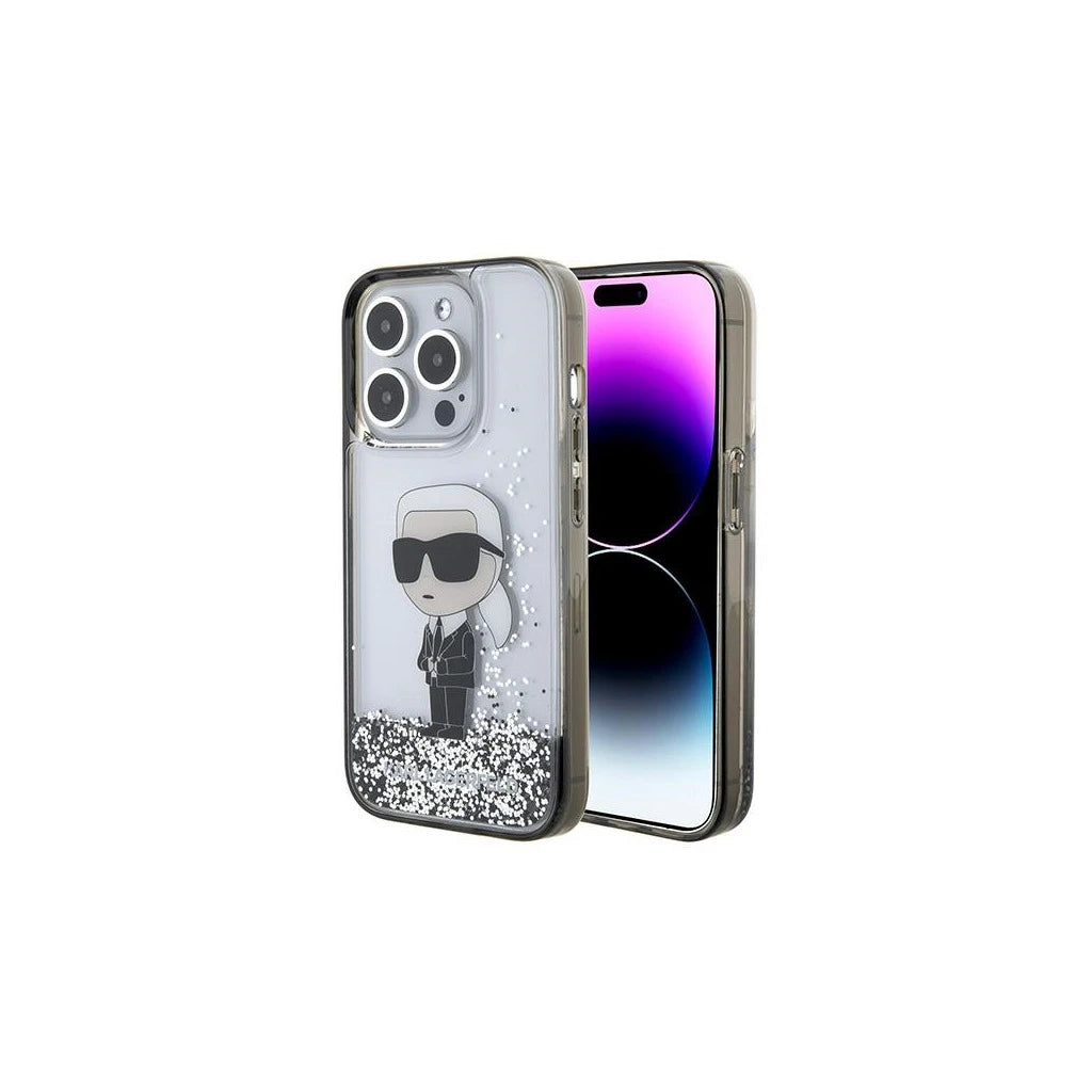 Karl Lagerfeld KLHCP15LLKKNSK iPhone 15 Pro 6.1 készülékhez átlátszó kemény tok Liquid Glitter Ikonik - iPhone 15 Pro tok a Domshop kínálatából