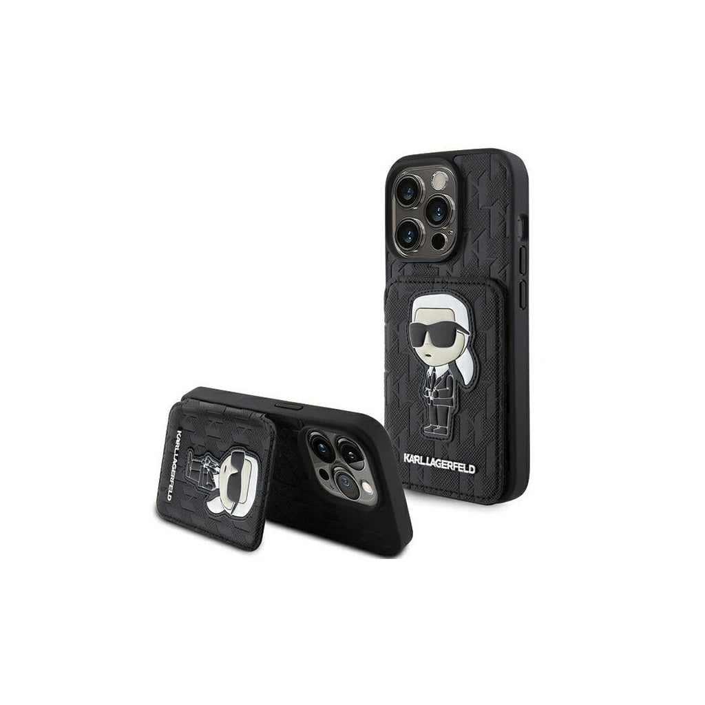 Karl Lagerfeld KLHCP15LSAKKNSCK iPhone 15 Pro 6.1 készülékhez kemény tok Saffiano Cardslots and Stand fekete - iPhone 15 Pro tok a Domshop kínálatából