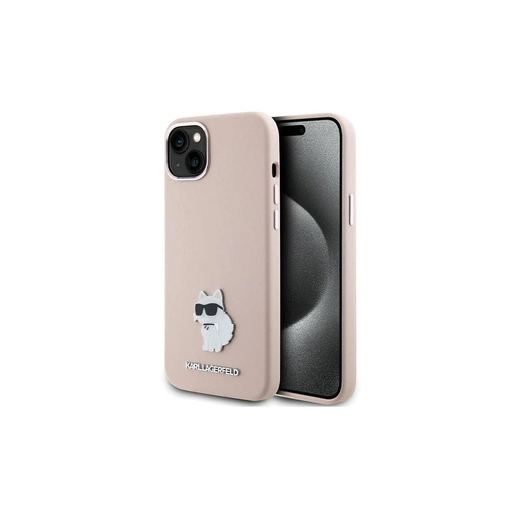 Karl Lagerfeld KLHCP15MSMHCNPP iPhone 15 Plus / 14 Plus készülékhez 6.7" szilikon Choupette fém pin tok rózsaszín - iPhone 14 Plus/15Plus tok a Domshop kínálatából