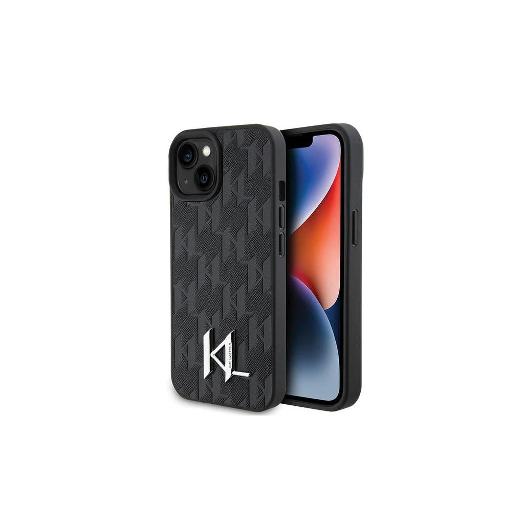 Karl Lagerfeld KLHCP15SPKLPKLK iPhone 15/14/13 6.1" készülékhez kemény tok Leather Monogram Hot St fekete - iPhone 13/14/15 tok a Domshop kínálatából
