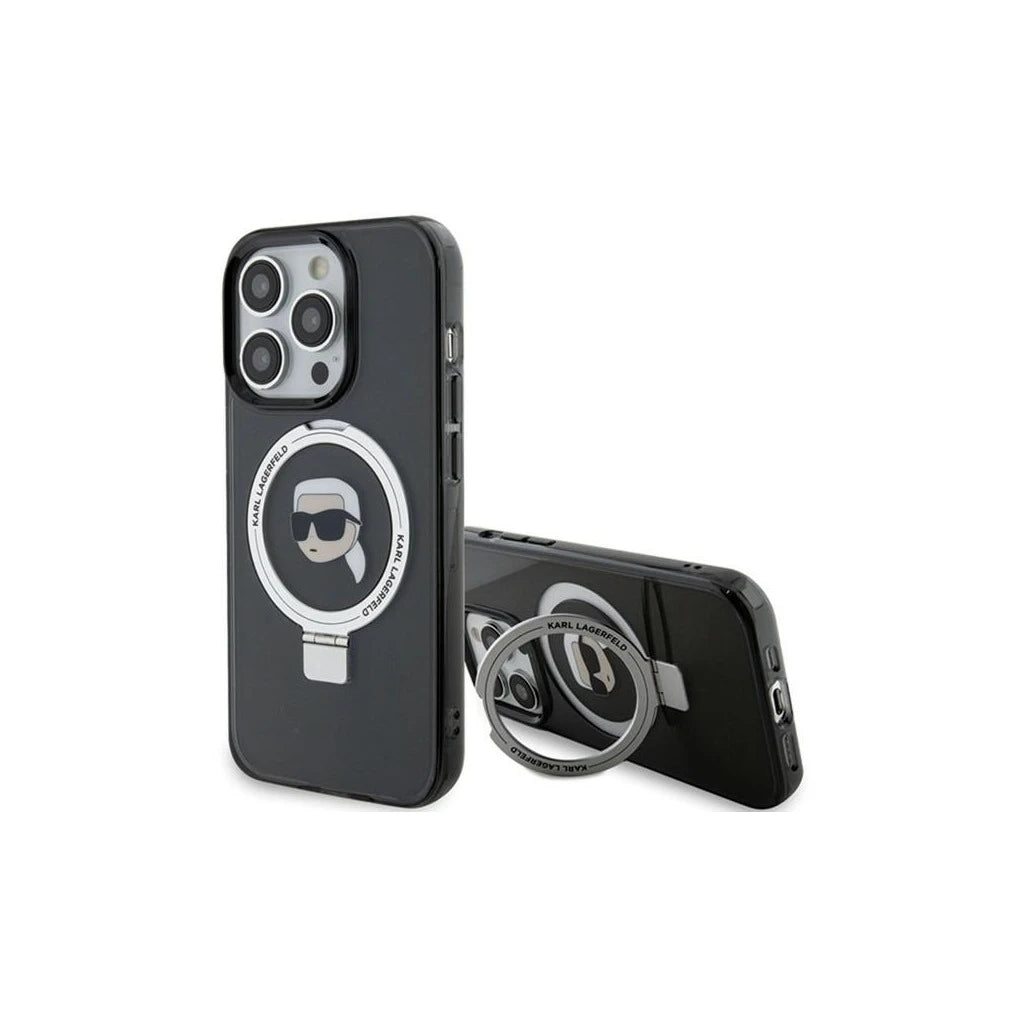 Karl Lagerfeld KLHMP15LHMRSKHK iPhone 15 Pro 6.1 készülékhez kemény tok Ring Stand Karl Head MagSafe fekete - iPhone 15 Pro tok a Domshop kínálatából
