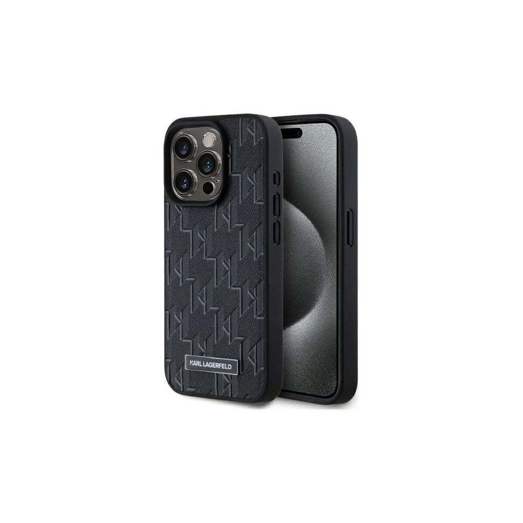 Karl Lagerfeld KLHMP15LPKHPORPK iPhone 15 Pro 6,1" készülékhez keménytok Leather Monogram Metal Logo MagSafe fekete - iPhone 15 Pro tok a Domshop kínálatából