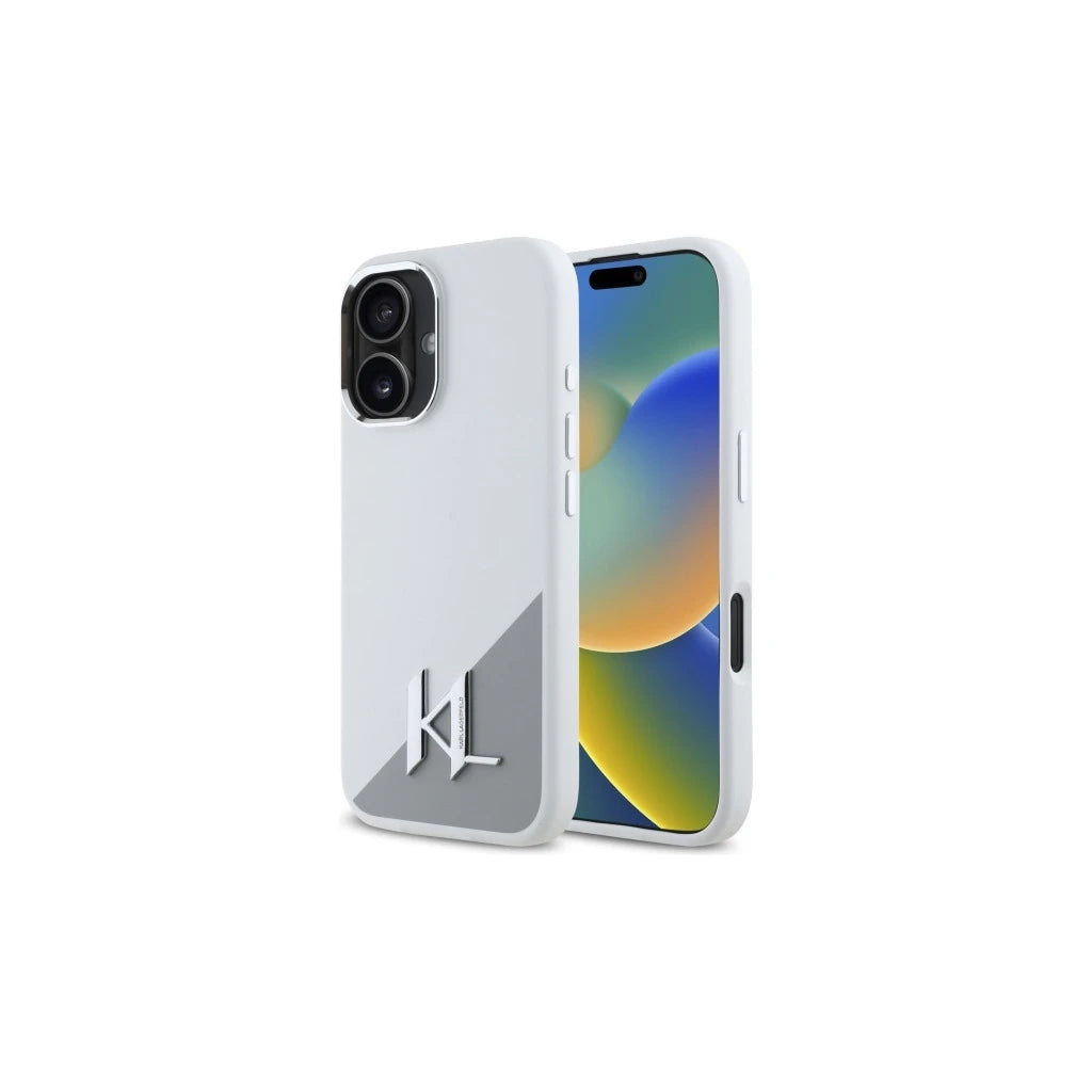 Karl Lagerfeld KLHMP16SSCMKMPCH iPhone 16 6,1 készülékhez szilikon kemény tok Initial Metal Logo fehér - iPhone 16 tok a Domshop kínálatából