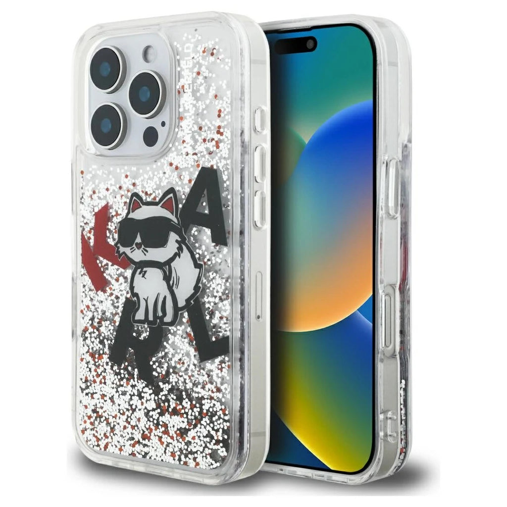 Karl Lagerfeld Liquid Glitter Choupette Logo tok iPhone 16 Pro készülékhez átlátszó - iPhone 16 Pro tok a Domshop kínálatából