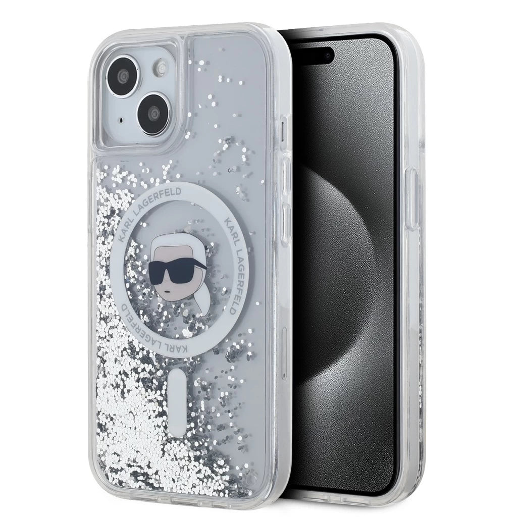 Karl Lagerfeld Liquid Glitter Karl Head MagSafe tok iPhone 15 készülékhez, átlátszó - iPhone 15 tok a Domshop kínálatából