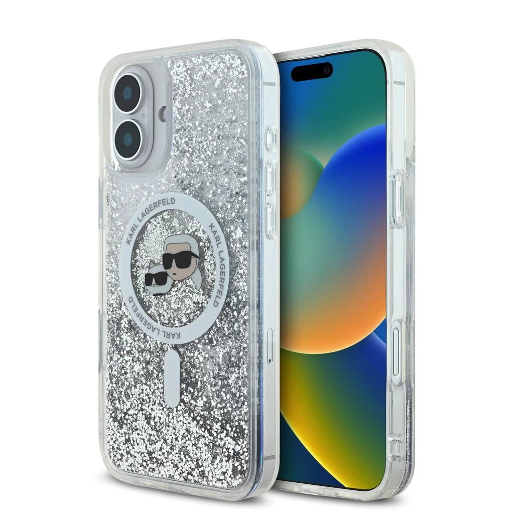 Karl Lagerfeld Liquid Glitter Karl and Choupette Heads MagSafe tok iPhone 16 készülékhez átlátszó - iPhone 16 tok a Domshop kínálatából