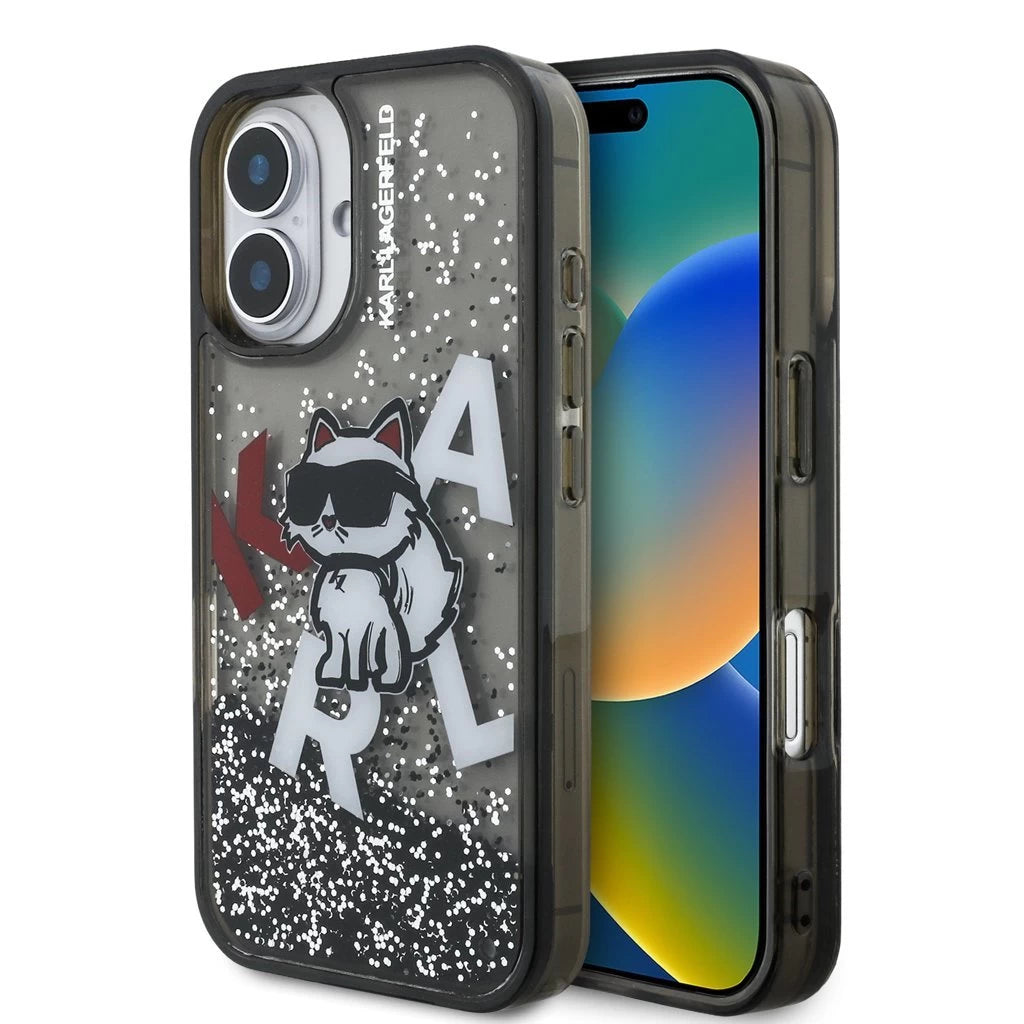 Karl Lagerfeld Liquid Glitter Scattered Choupette tok iPhone 16 készülékhez fekete - iPhone 16 tok a Domshop kínálatából