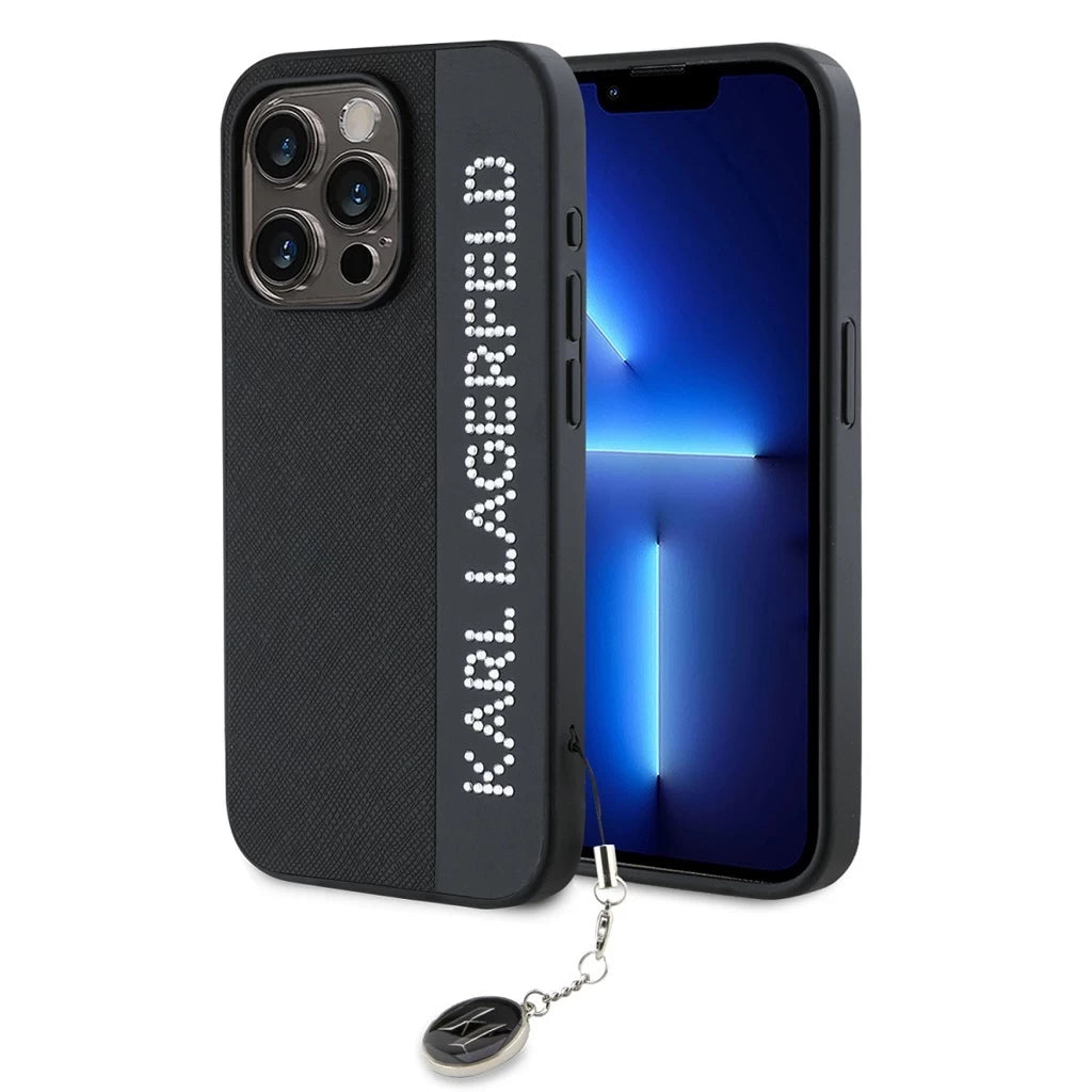 Karl Lagerfeld PU Saffiano Rhinestone Charm tok iPhone 15 Pro Max készülékhez fekete - iPhone 15 Pro Max tok a Domshop kínálatából