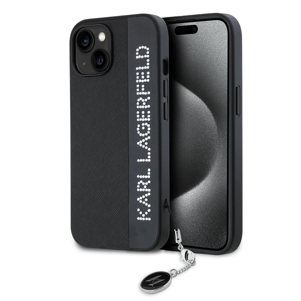 Karl Lagerfeld PU Saffiano Rhinestone Charm tok iPhone 15 készülékhez fekete - iPhone 15 tok a Domshop kínálatából