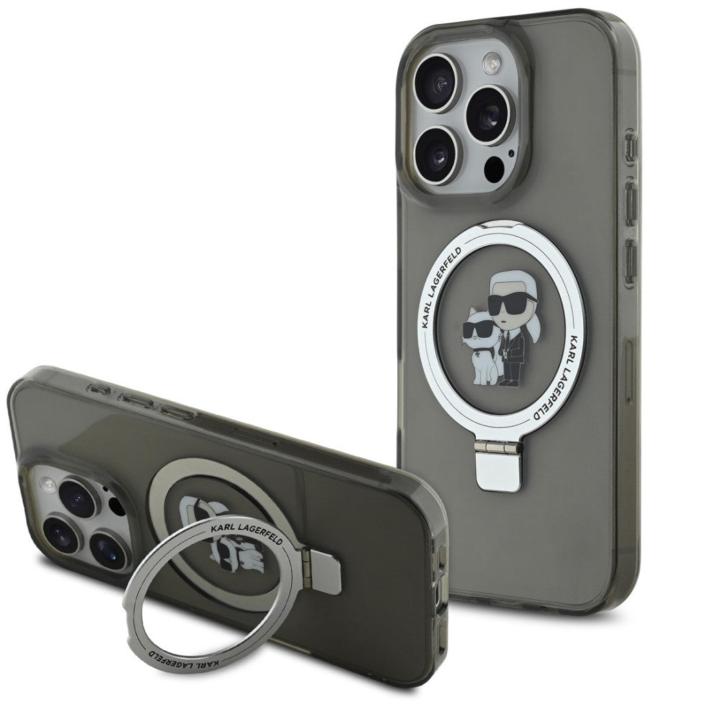 Karl Lagerfeld Ringstand Karl and Choupette iPhone 16 Pro MagSafe tok kitámasztóval, fekete - iPhone 16 Pro tok a Domshop kínálatából