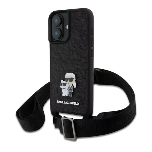 Karl Lagerfeld Saffiano Crossbody Strap Metal Karl and Choupette tok iPhone 16 készülékhez fekete - iPhone 16 tok a Domshop kínálatából