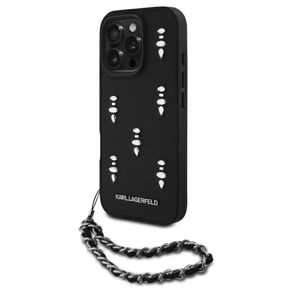 Karl Lagerfeld Saffiano Crystals tok w/Chain iPhone 16 Pro készülékhez fekete - iPhone 16 Pro tok a Domshop kínálatából