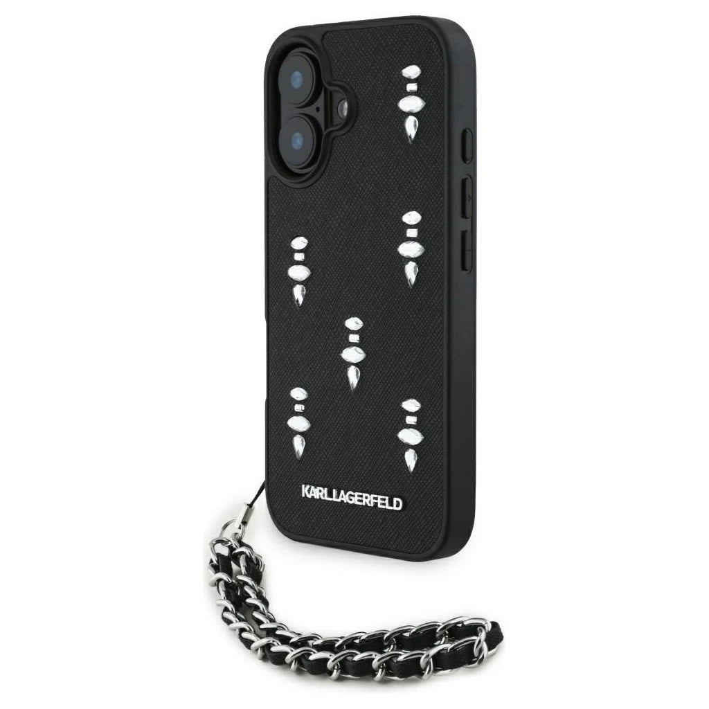 Karl Lagerfeld Saffiano Crystals tok w/Chain iPhone 16 készülékhez fekete - iPhone 16 tok a Domshop kínálatából