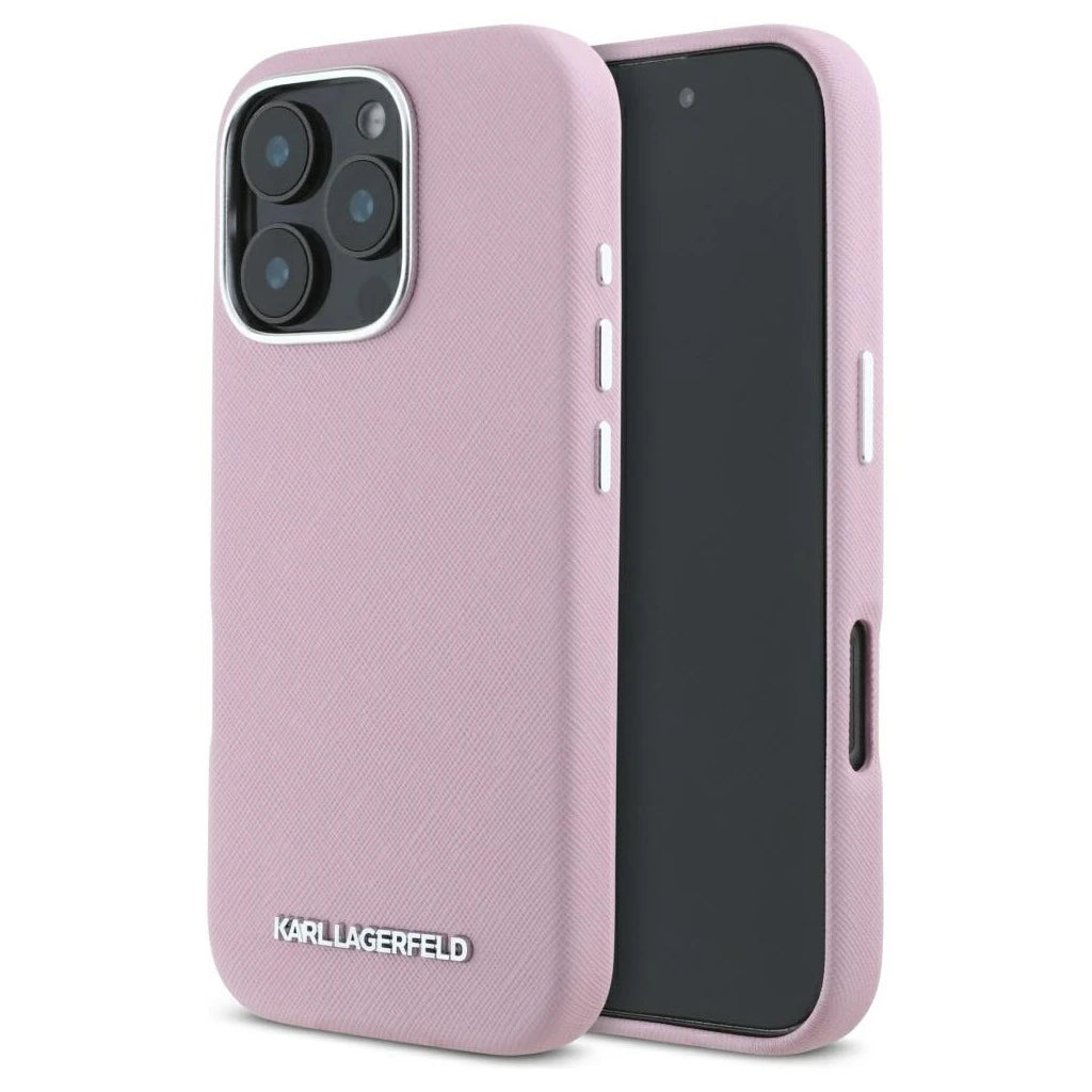 Karl Lagerfeld Saffiano Full Wrapped Elongated Metal Logo MagSafe tok iPhone 16 Pro készülékhez rózsaszín - iPhone 16 Pro tok a Domshop kínálatából