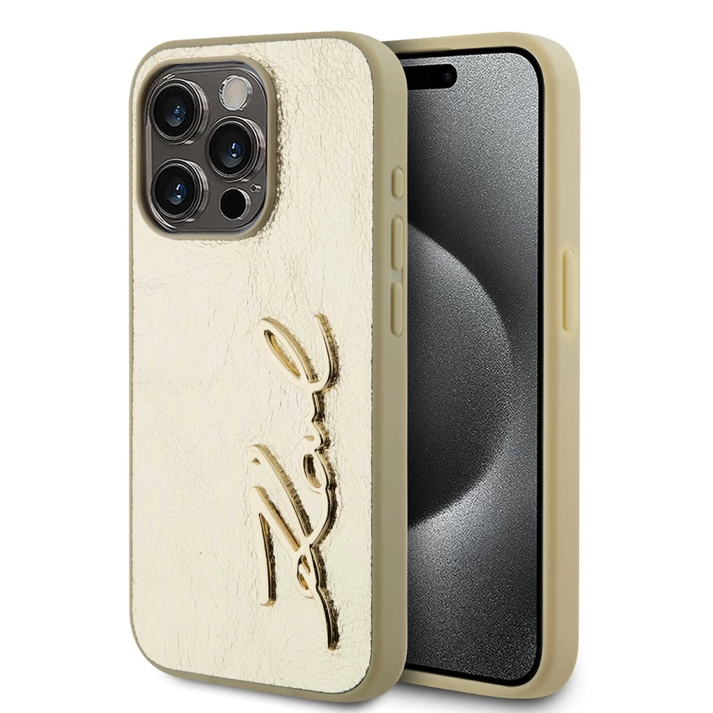 Karl Lagerfeld Wrinkled PU Signature Logo tok iPhone 15 Pro készülékhez arany - iPhone 15 Pro tok a Domshop kínálatából