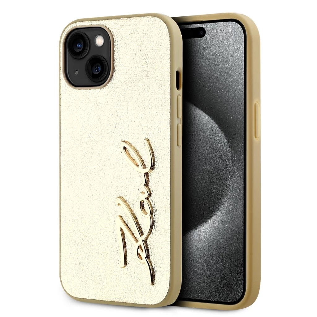Karl Lagerfeld Wrinkled PU Signature Logo tok iPhone 15 készülékhez arany - iPhone 15 tok a Domshop kínálatából
