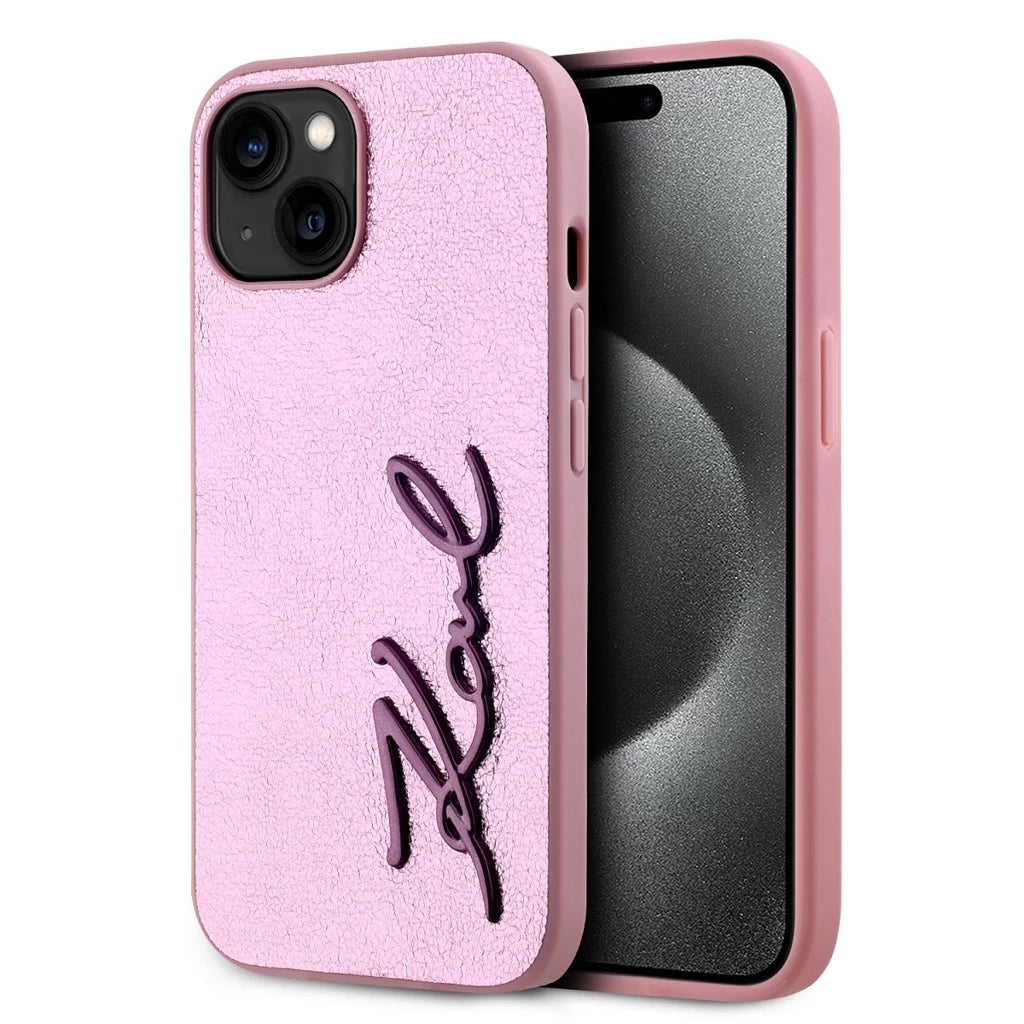 Karl Lagerfeld Wrinkled PU Signature Logo tok iPhone 15 készülékhez rózsaszín - iPhone 15 tok a Domshop kínálatából