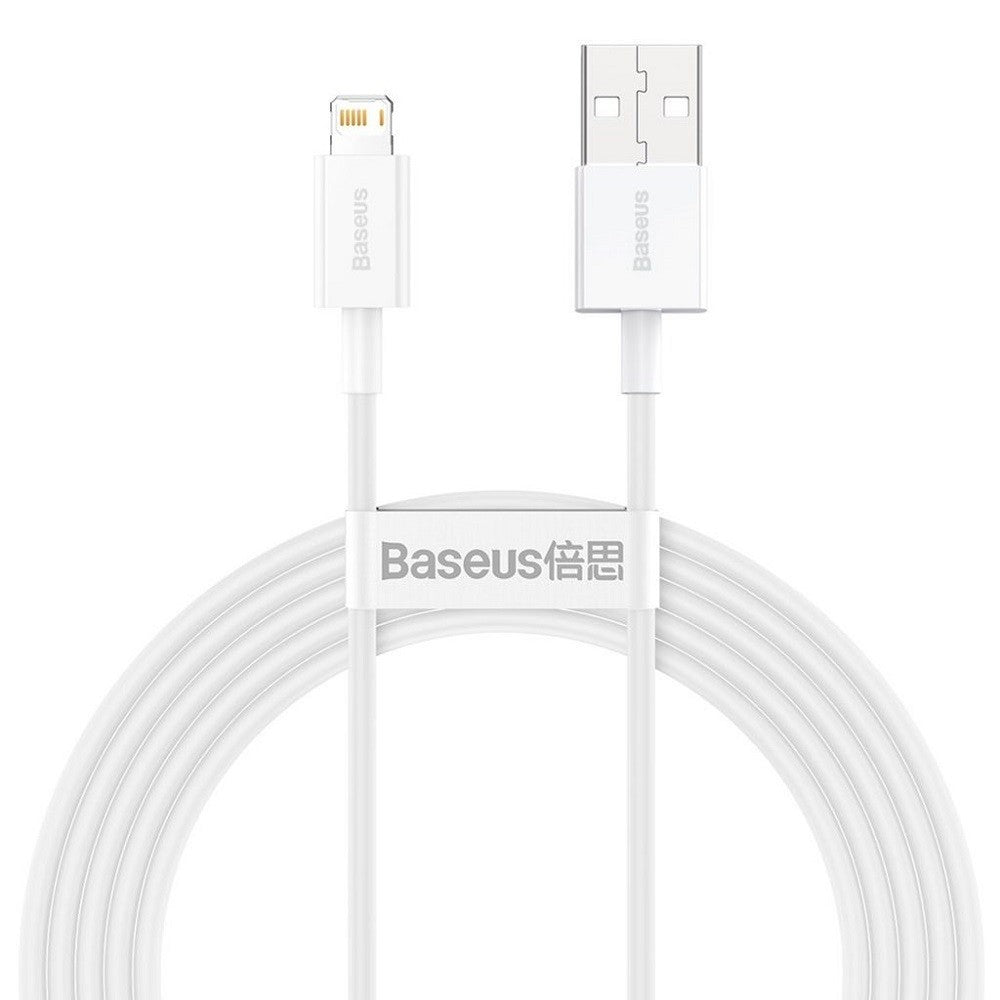 USB töltő- és adatkábel, Lightning, 200 cm, 2400 mA, törésgátlóval, gyorstöltés, PD, Baseus Superior, CALYS-C02, fehér