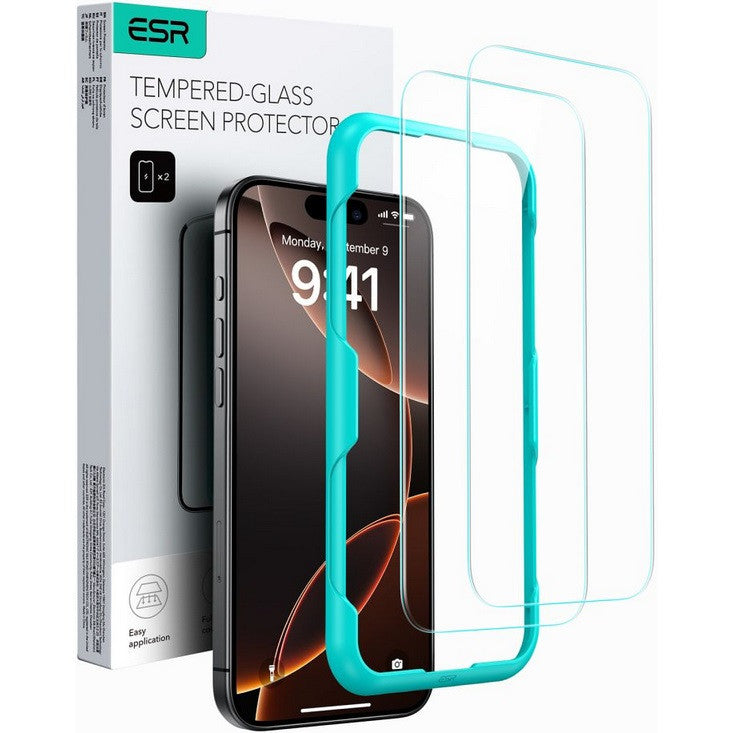 Apple iPhone 16 Pro / 17 / 17 Pro, Kijelzővédő fólia, ütésálló fólia (az íves részre is!), Tempered Glass (edzett üveg), segéd kerettel, ESR Armorite, fekete