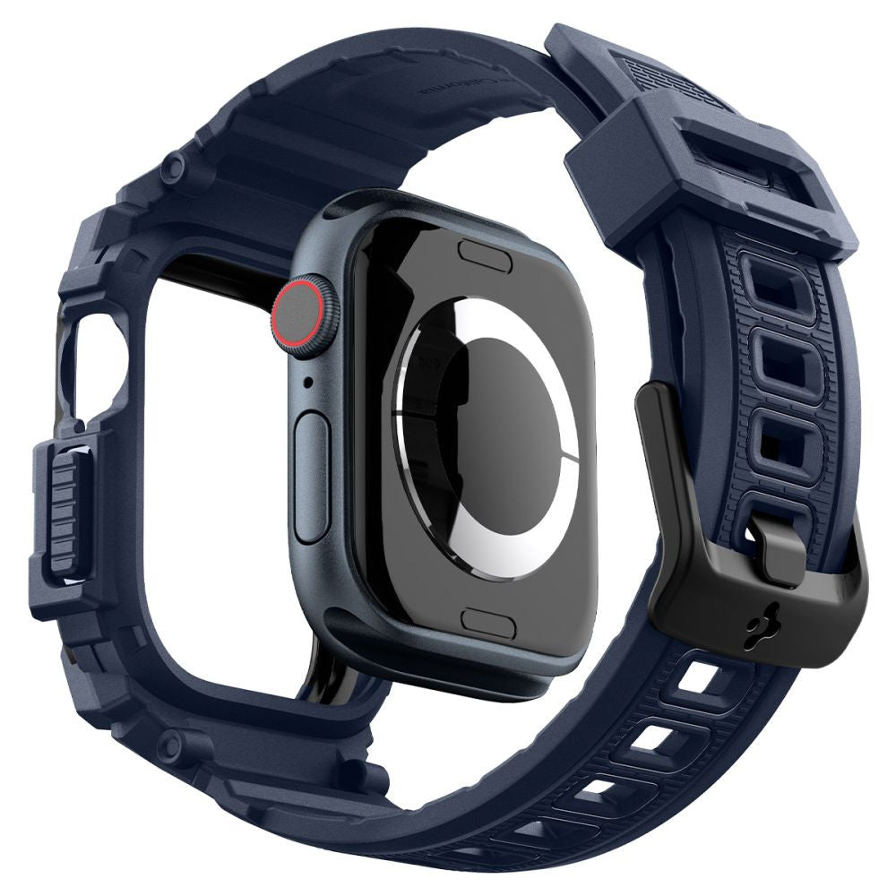 Apple Watch 10-11 (46 mm), Szilikon védőkeret, ütésálló, szíjjal, Spigen Rugged Armor Pro, sötétkék
