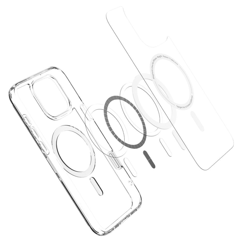 Apple iPhone 16 Pro, Műanyag hátlap védőtok + szilikon keret, Magsafe töltővel kompatibilis, érintő funkciós gombfedéllel, Spigen Ultra Hybrid "T" Mag, átlátszó/fehér