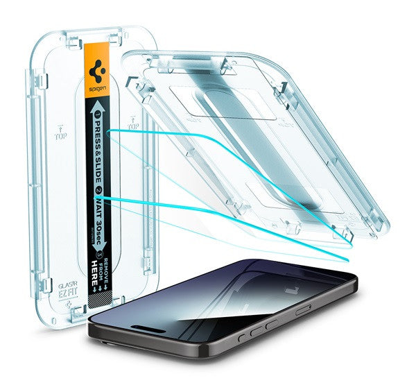 Spigen Glas.tR EZ Fit Apple iPhone 15 Pro Max Tempered kijelzővédő fólia felhelyező kerettel (2db) - iPhone 15 Pro Max fólia a Domshop kínálatából