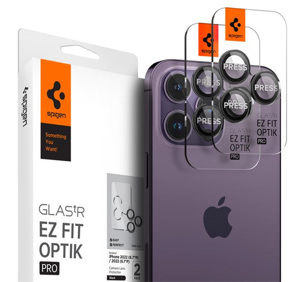 Spigen Glas.tR EZ Fit Optik Pro Apple iPhone 14 Pro / 14 Pro Max / 15 Pro / 15 Pro Max / 16 Pro / 16 Pro Max / 17 Pro / 17 Pro Max, Tempered kameralencse-védő fólia felhelyező kerettel, fekete (2db) - a Domshop kínálatából